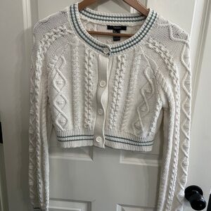 EUC Forever  21 White and Teal Trim Cable Knit Cardigan, size S, cropped. Roomy